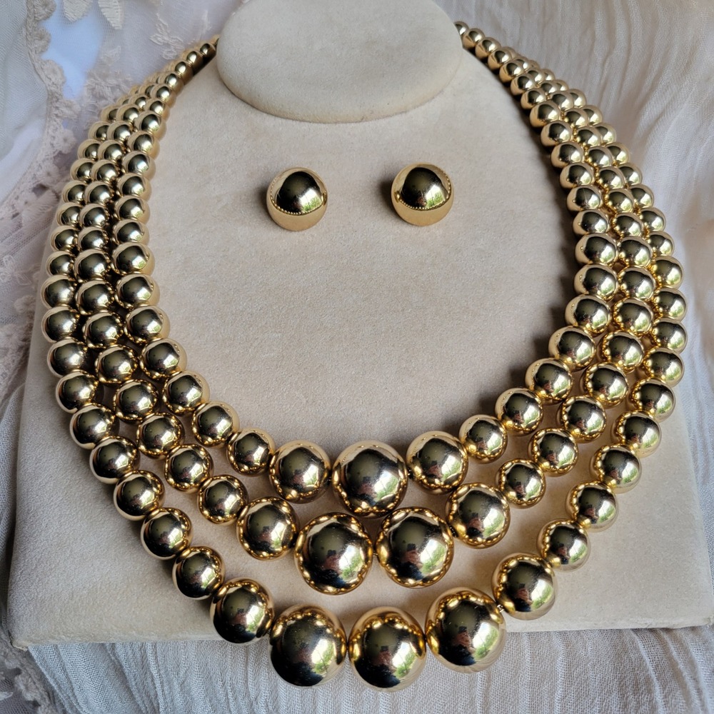 Vintage Monet Romantique Triple Strand Necklace Earrings Statement Book Piece